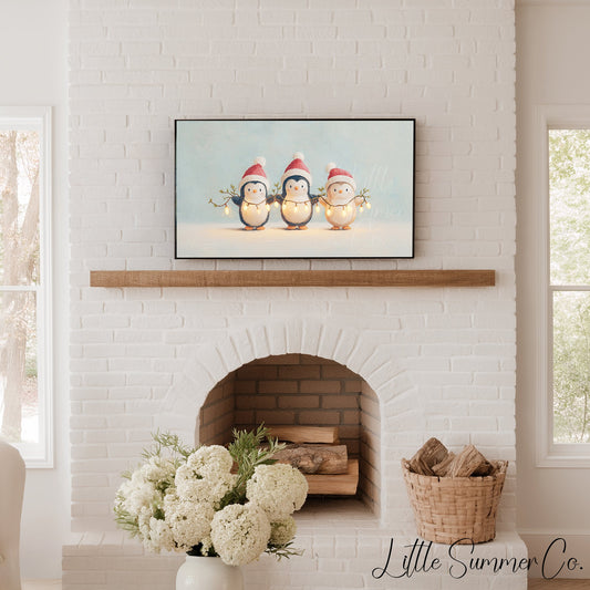 Penguins Holding Fairy Lights Frame TV Art displayed on a TV