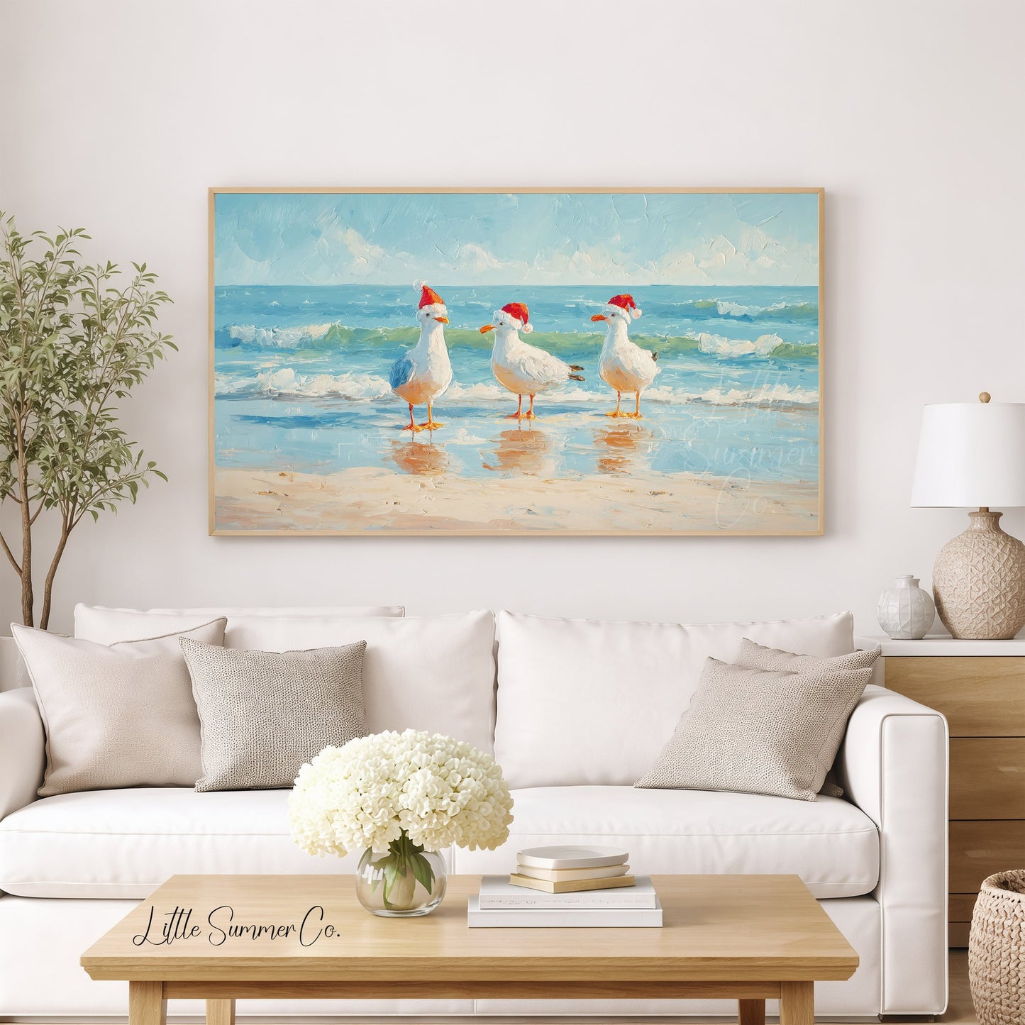 Seagulls in Santa Hats Frame TV Art displayed on a TV