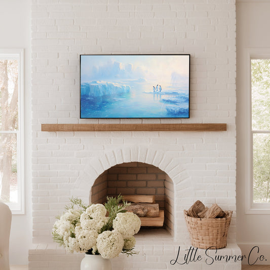 Penguins on Arctic Ice Frame TV Art displayed on a TV