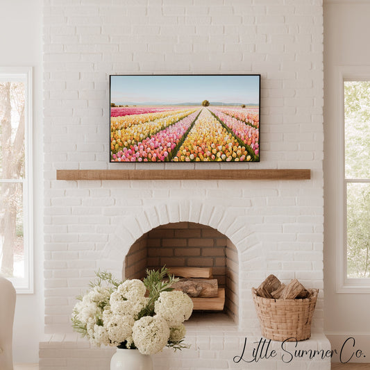 Colourful Tulip Field with Tree Frame TV Art displayed on a TV