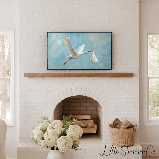 Stork Carrying Baby Frame TV Art displayed on a TV