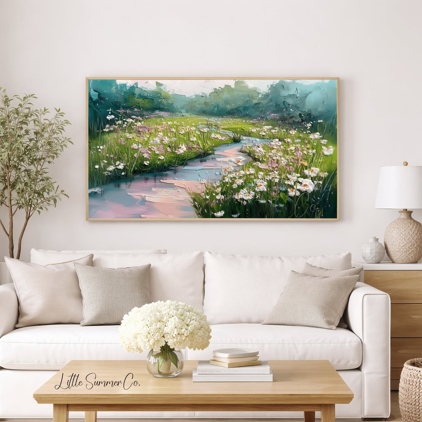 Wildflower Meadow with Stream Frame TV Art displayed on a TV