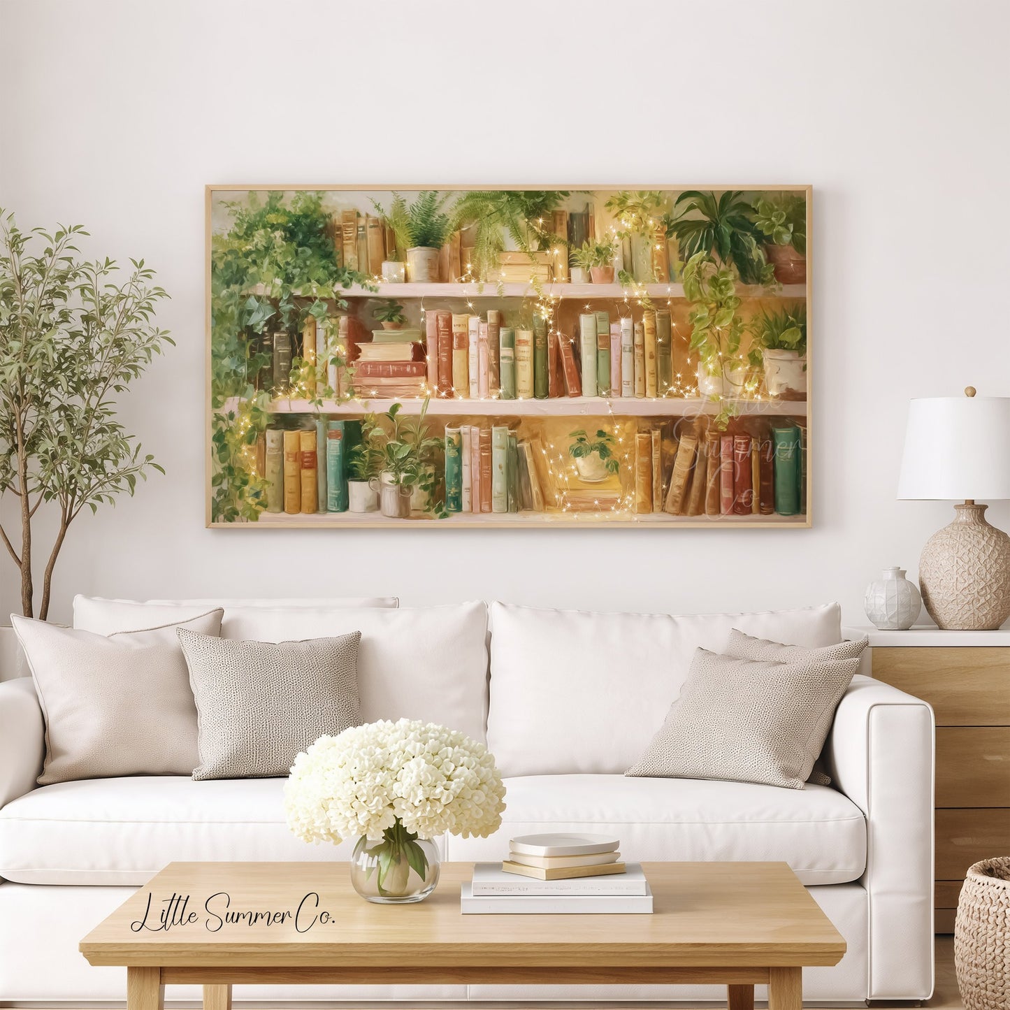 Sunlit Bookshelf with Fairy Lights Frame TV Art displayed on a TV