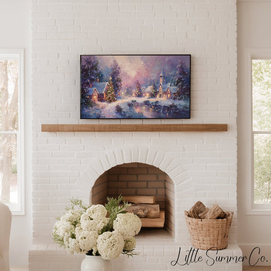 Snowy Christmas Village at Night Frame TV Art displayed on a TV