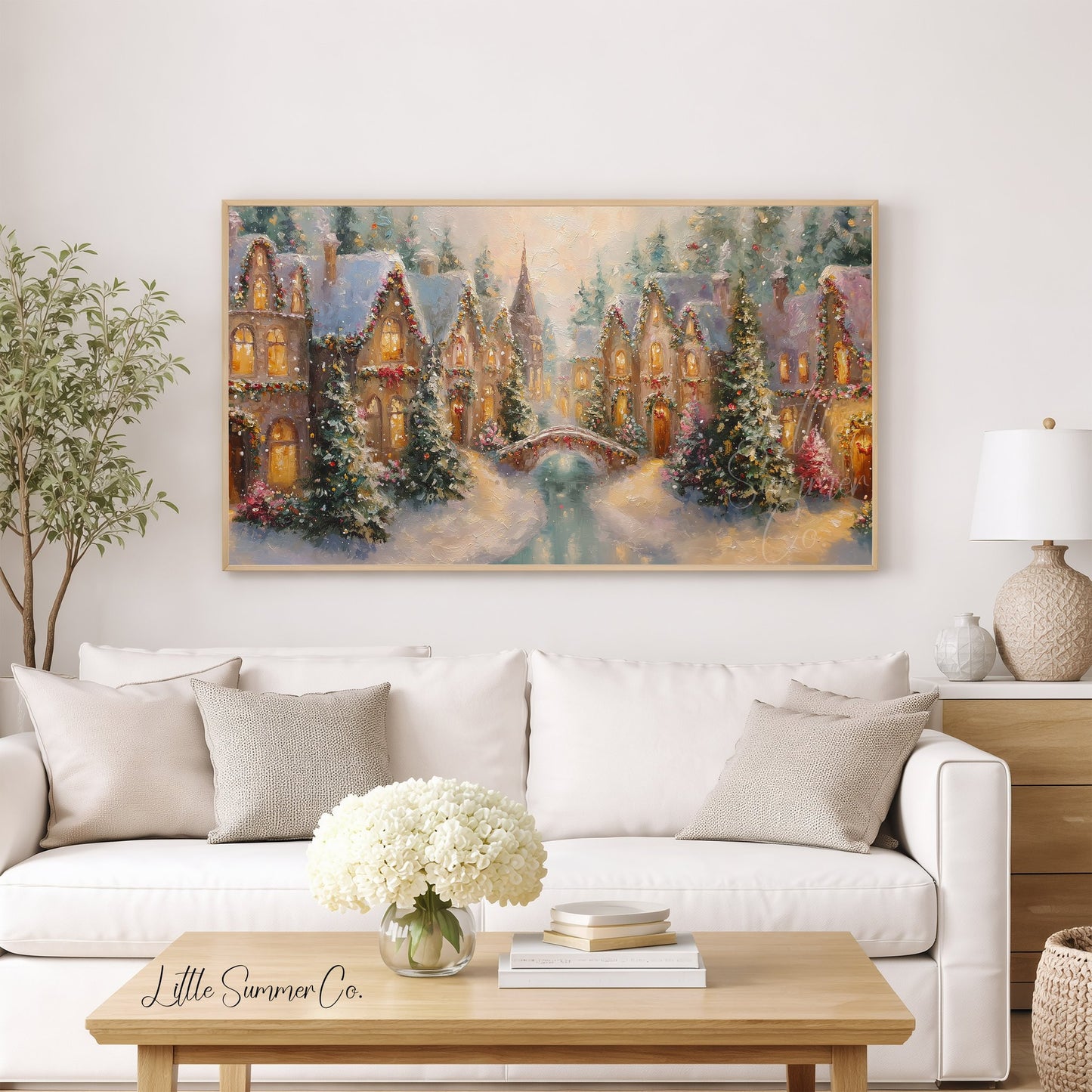 Christmas Village with Snowy Bridge Frame TV Art displayed on a TV