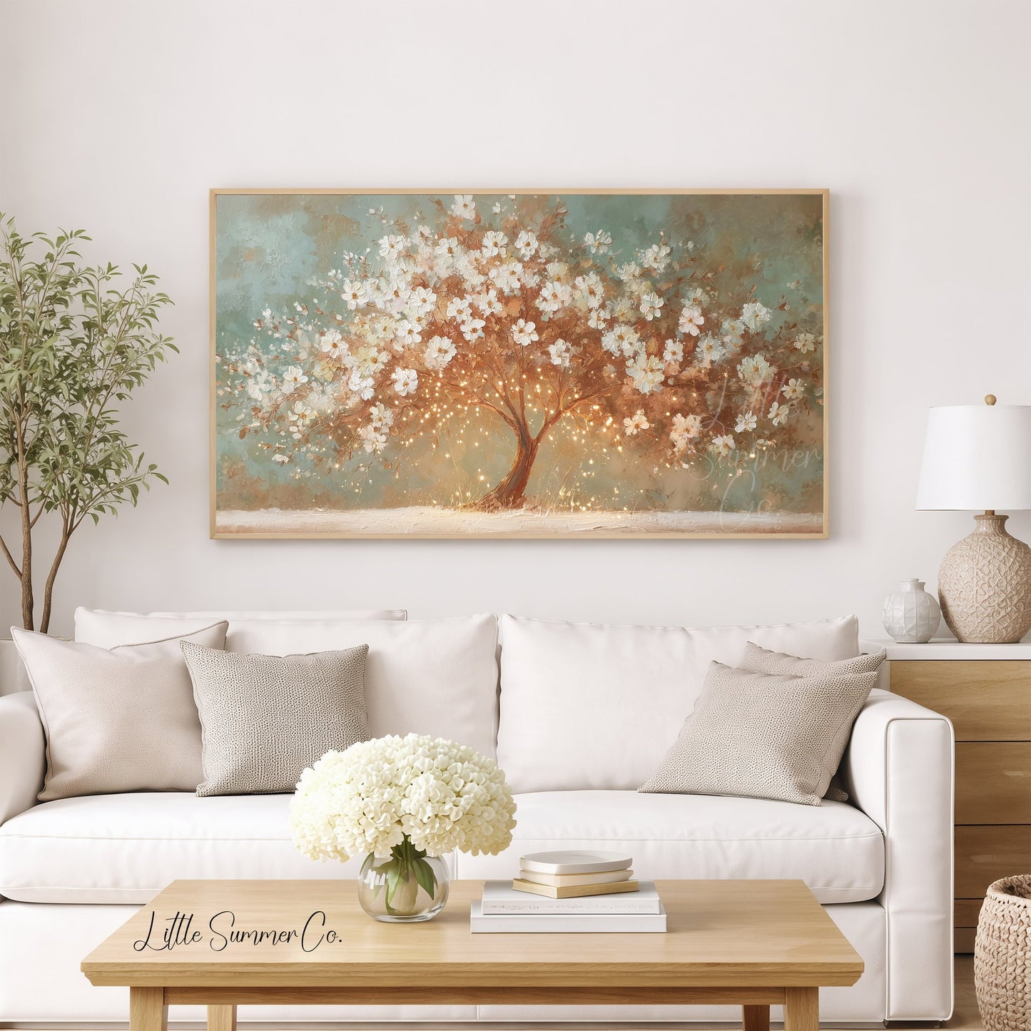 White Blossom Tree With Lights Frame TV Art displayed on a TV