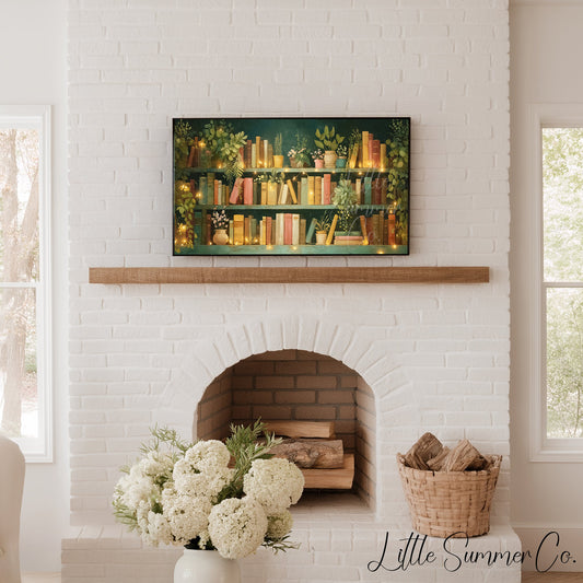 Teal Bookshelf with Fairy Lights Frame TV Art displayed on a TV