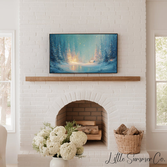 Enchanted Snowy Forest Cabin Frame TV Art displayed on a TV