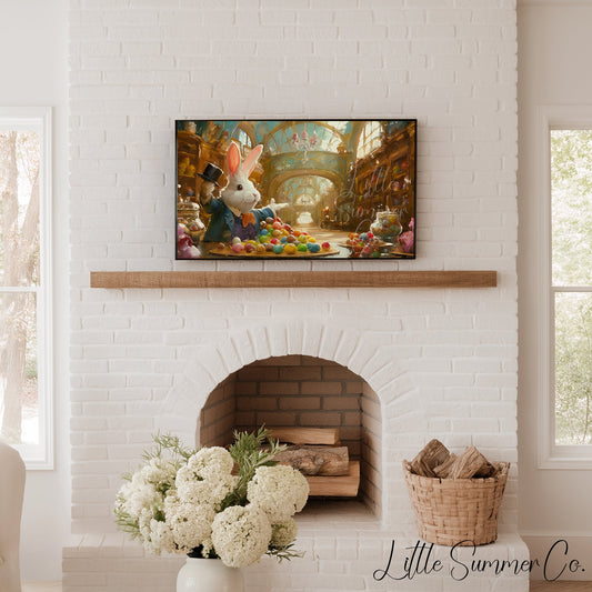Easter Bunny Candy Shop Frame TV Art displayed on a TV