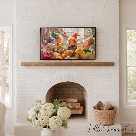 Christmas Elves Sewing Toys Frame TV Art displayed on a TV