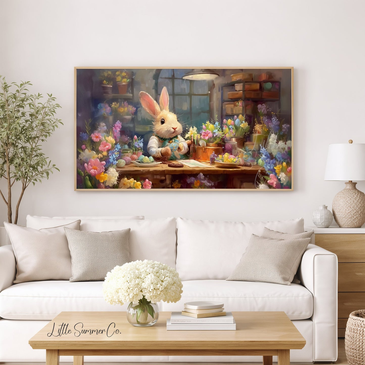 Easter Bunny Decorating Eggs Frame TV Art displayed on a TV