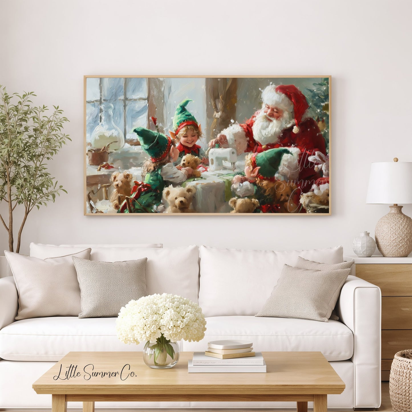 Santa and Elf Sewing Toys Frame TV Art displayed on a TV