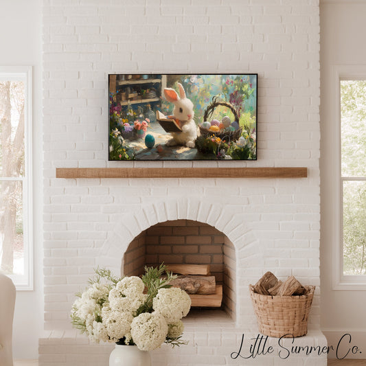 Easter Bunny Reading in Garden Frame TV Art displayed on a TV