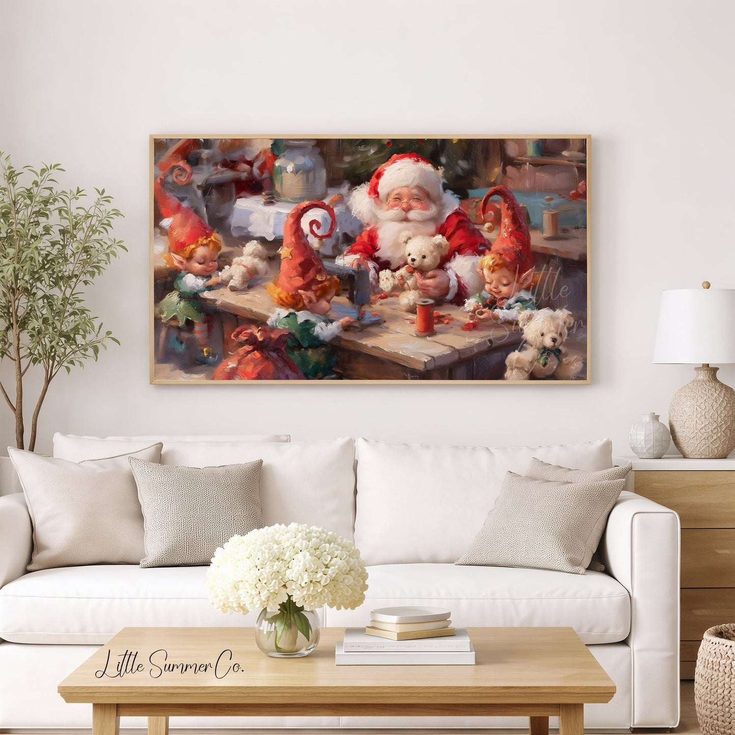 Santa and Elves Making Toys Frame TV Art displayed on a TV
