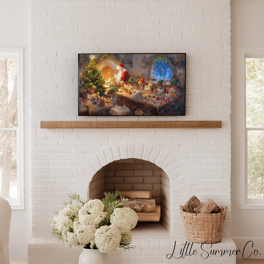 Santa's Workshop with Elves Frame TV Art displayed on a TV