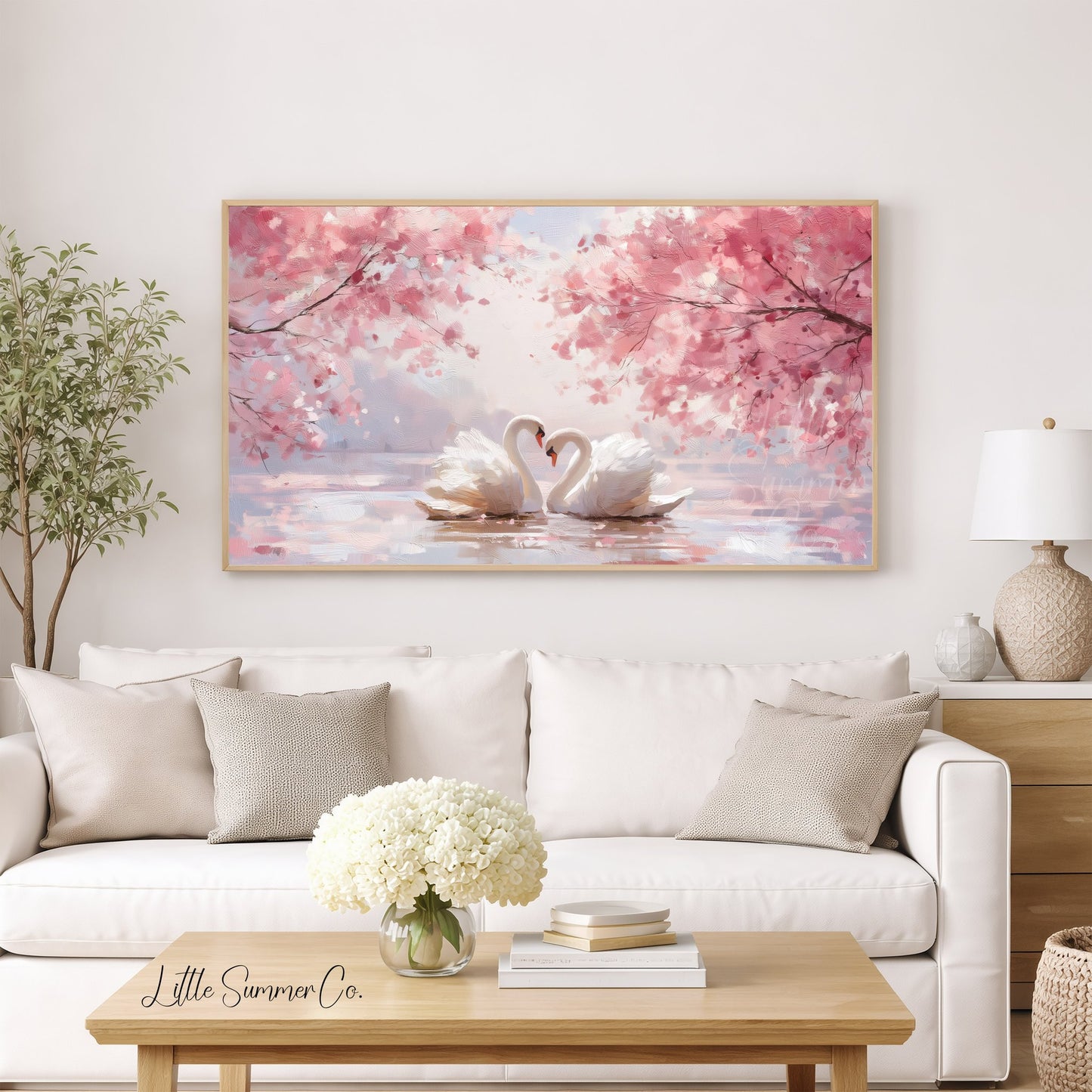 Swans Under Cherry Blossoms Frame TV Art displayed on a TV