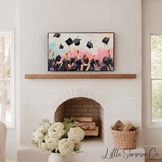 Graduation Cap Toss Crowd Frame TV Art displayed on a TV