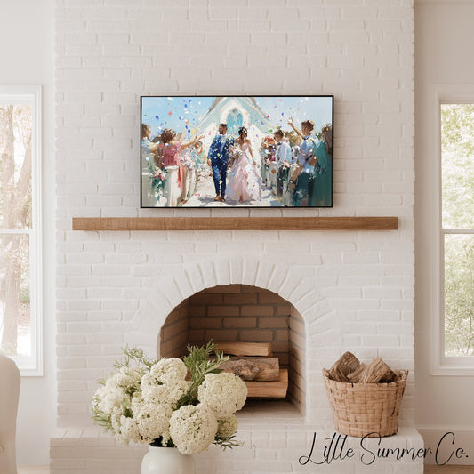 Wedding Couple Confetti Frame TV Art displayed on a TV