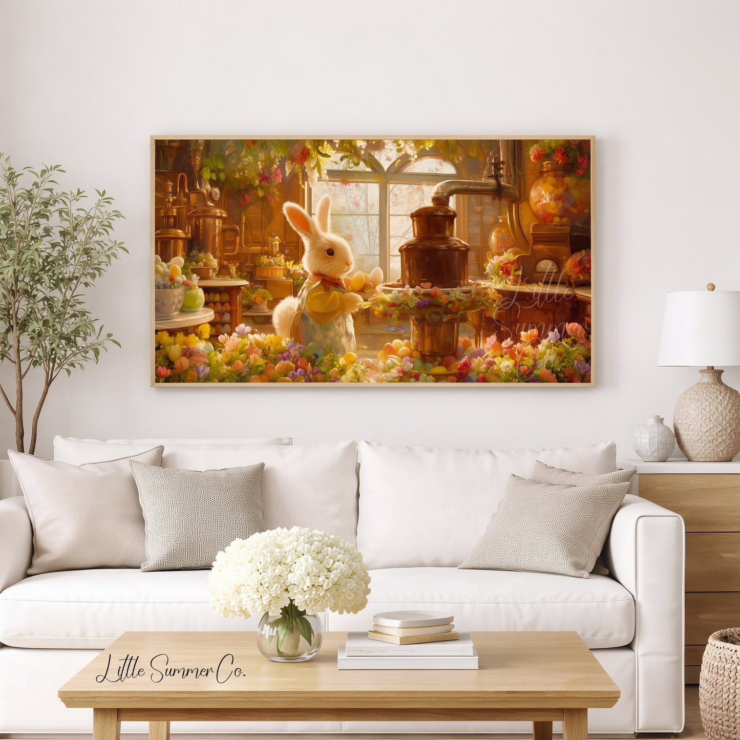 Easter Bunny Workshop Kitchen Frame TV Art displayed on a TV