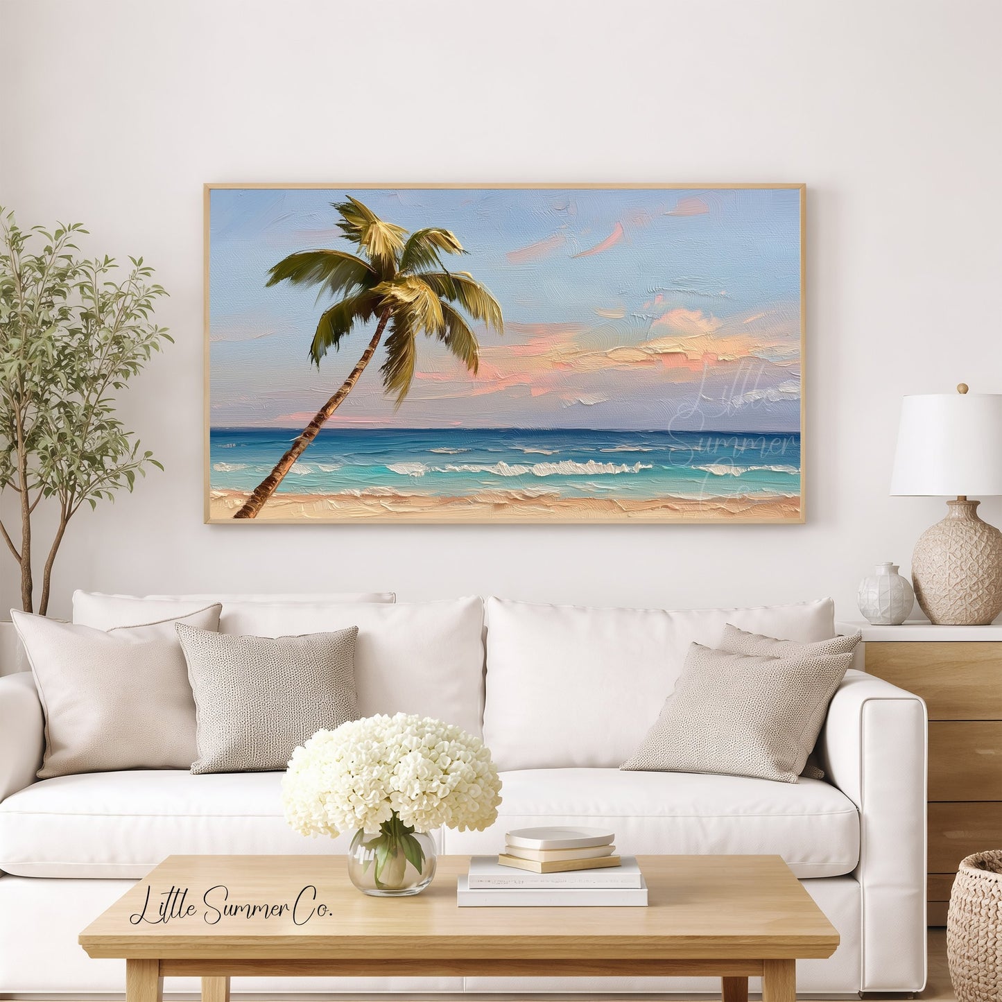 Tropical Palm Tree Beach Frame TV Art displayed on a TV