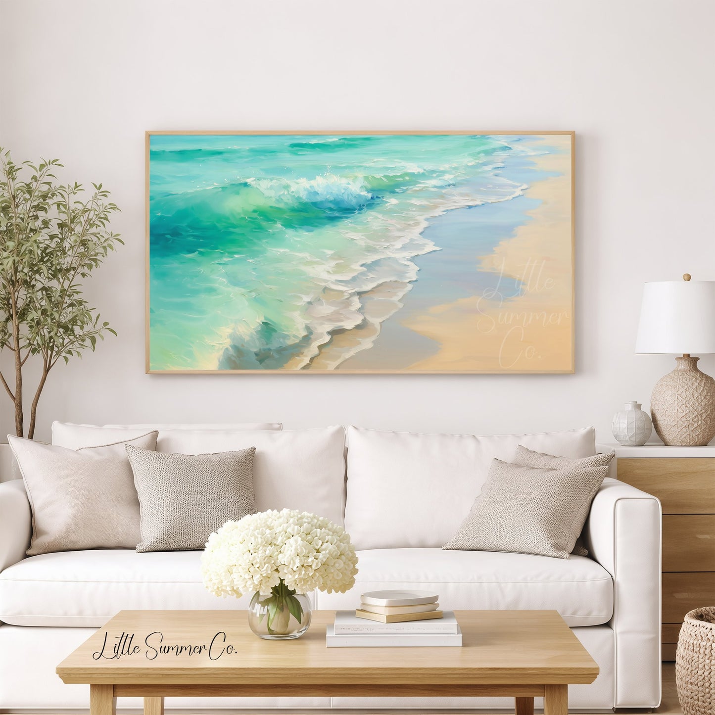 Ocean Waves Sandy Shore Frame TV Art displayed on a TV
