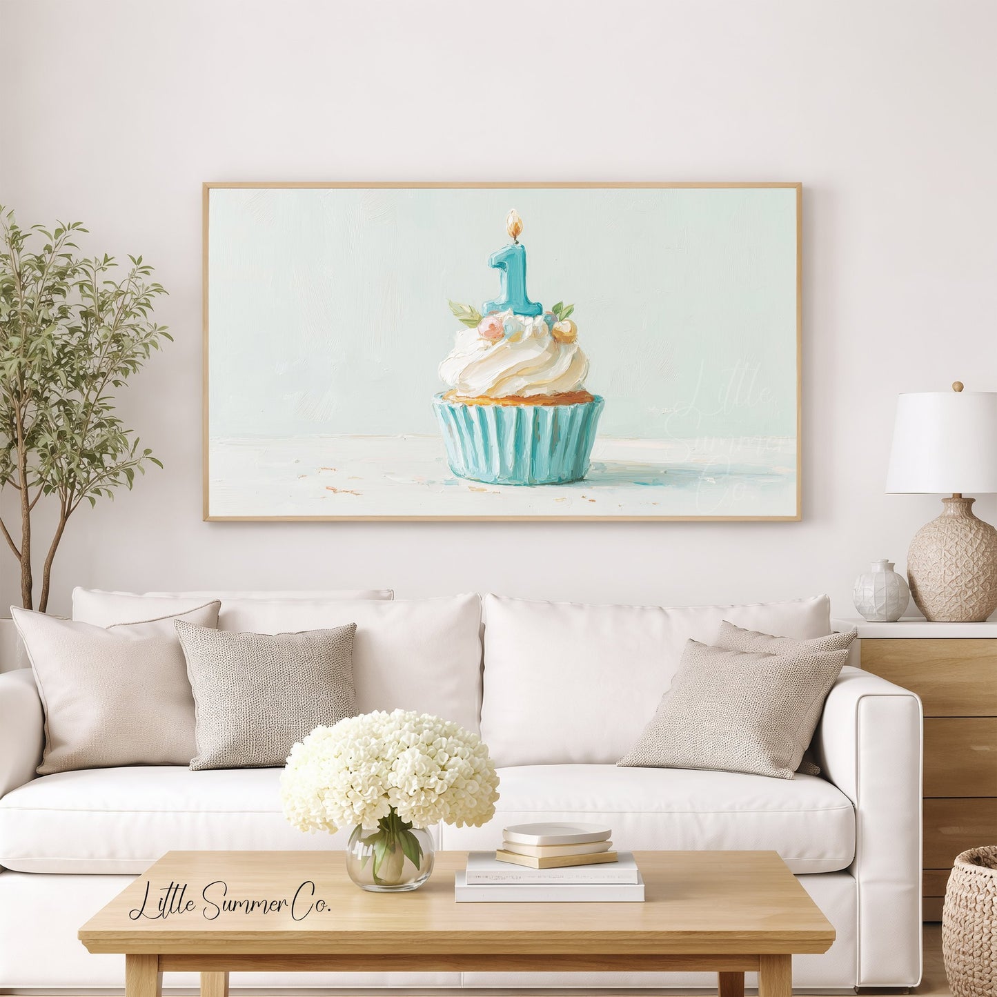 Blue First Birthday Cupcake Frame TV Art displayed on a TV