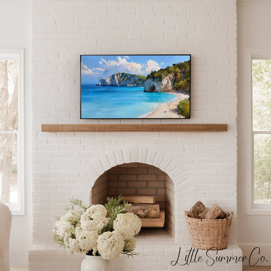 Sandy Beach Sea Cliffs Frame TV Art displayed on a TV