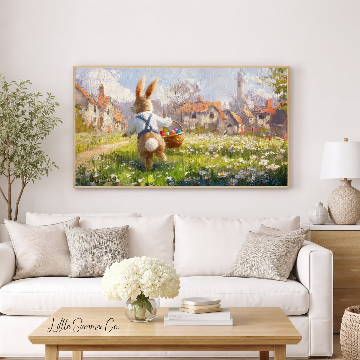 Easter Bunny Daisy Meadow Frame TV Art displayed on a TV