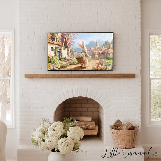 Easter Bunny Cottage Village Frame TV Art displayed on a TV