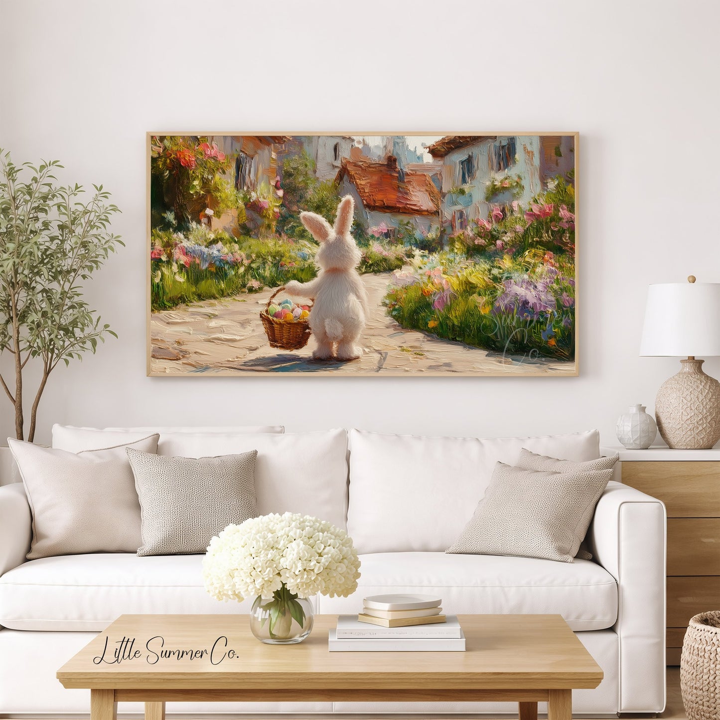 Easter Bunny Flower Village Frame TV Art displayed on a TV