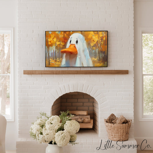 White Duck in Autumn Forest Frame TV Art displayed on a TV