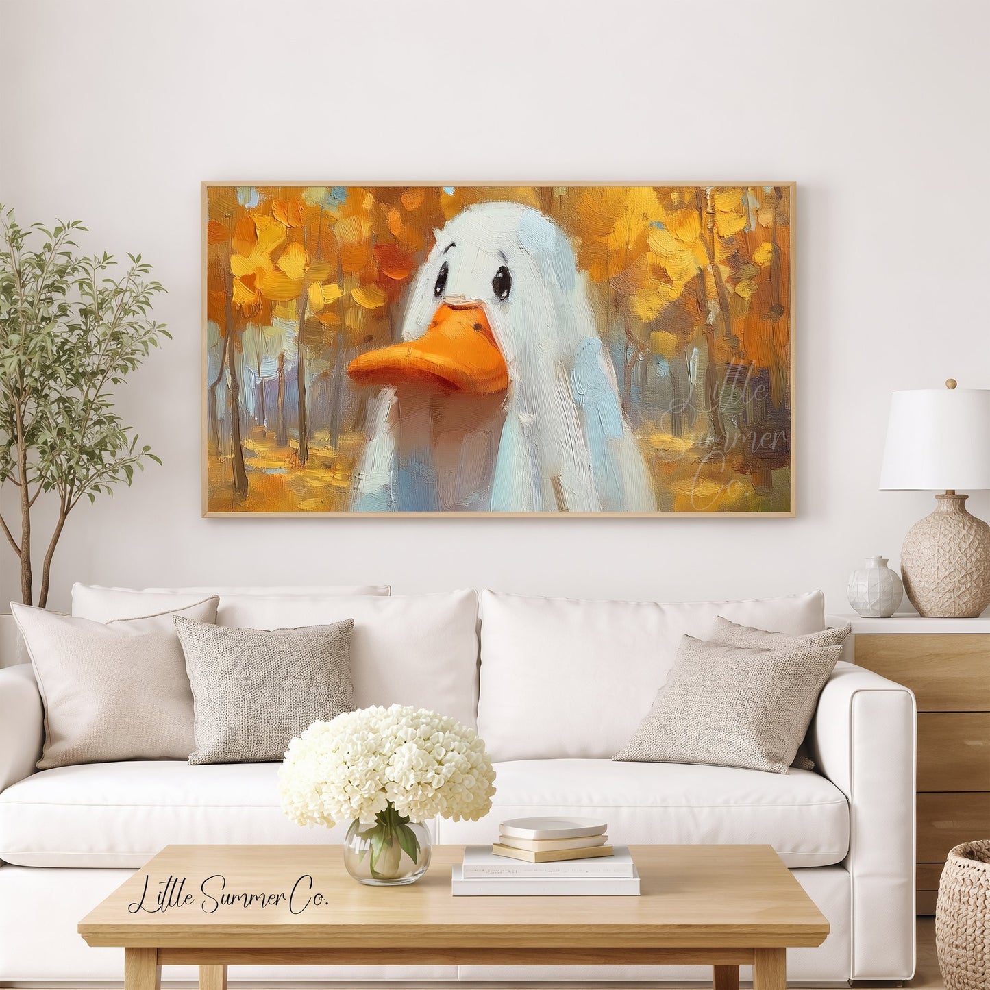 White Duck in Autumn Forest Frame TV Art displayed on a TV