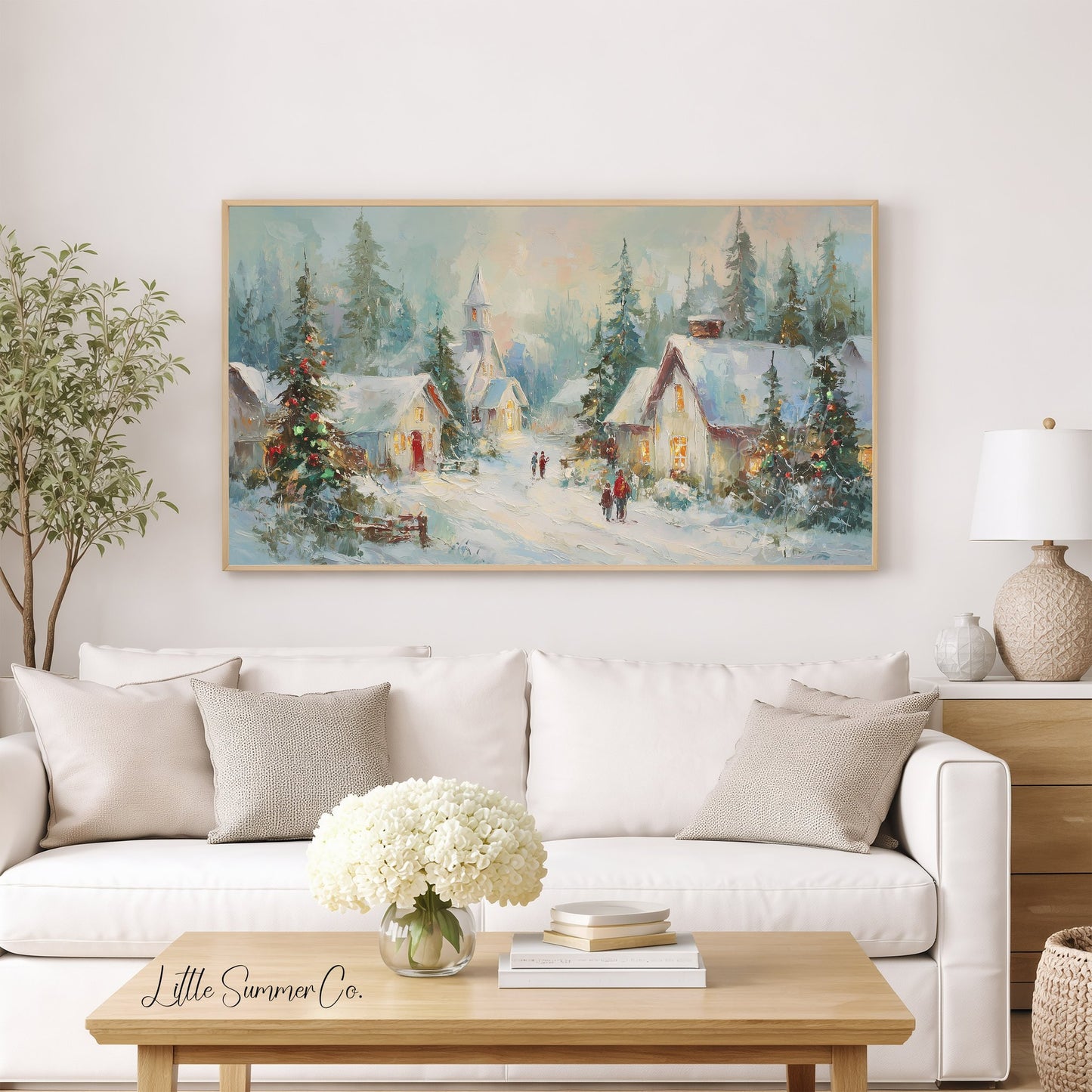 Snowy Christmas Village At Dusk Frame TV Art displayed on a TV