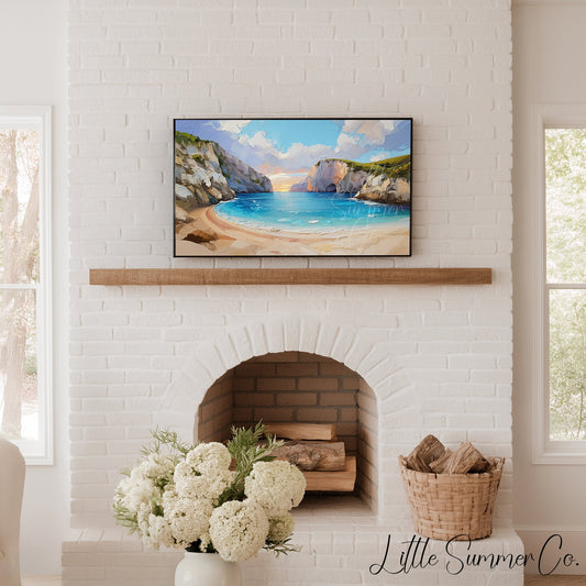 Secluded Cove at Sunset Frame TV Art displayed on a TV