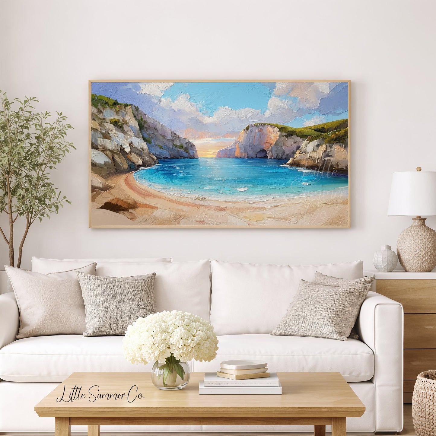 Secluded Cove at Sunset Frame TV Art displayed on a TV