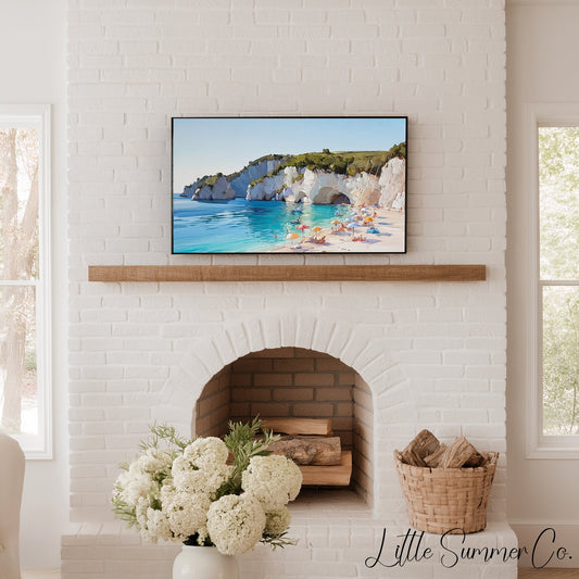 Sunny Beach Under White Cliffs Frame TV Art displayed on a TV