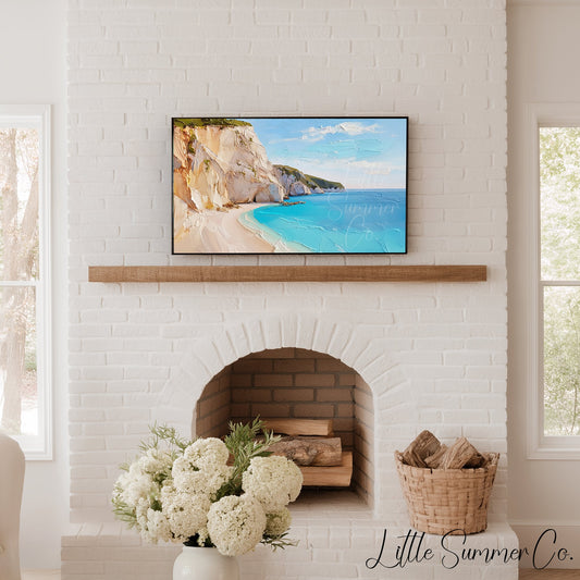 White Cliffs Turquoise Cove Frame TV Art displayed on a TV