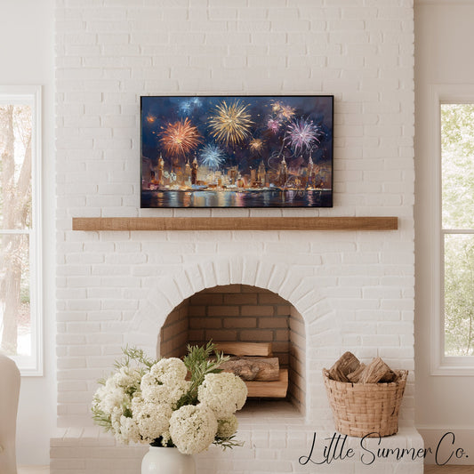 Fireworks Over City Skyline Frame TV Art displayed on a TV