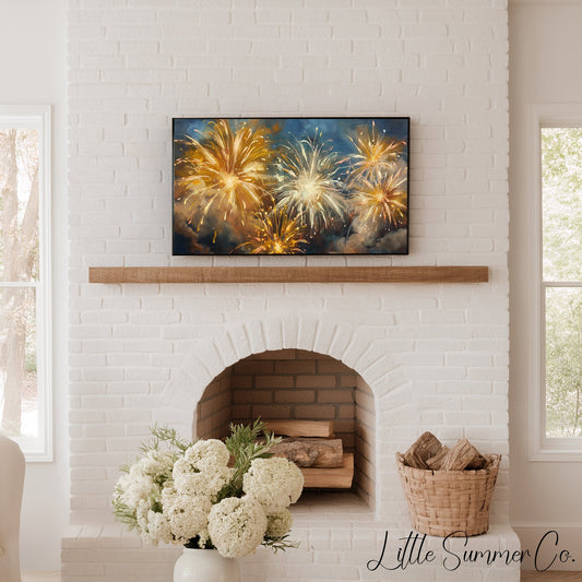 Golden Fireworks Night Sky Frame TV Art displayed on a TV
