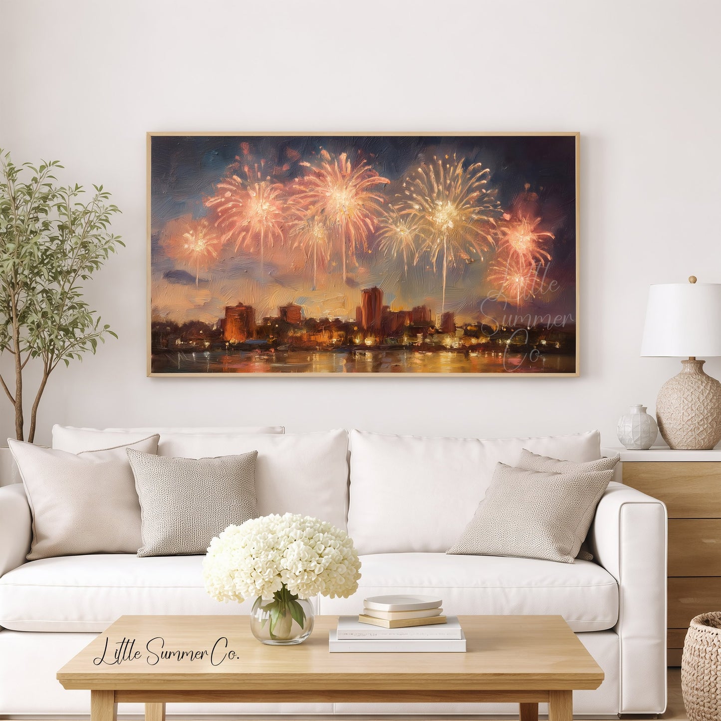 Fireworks Over City Waterfront Frame TV Art displayed on a TV