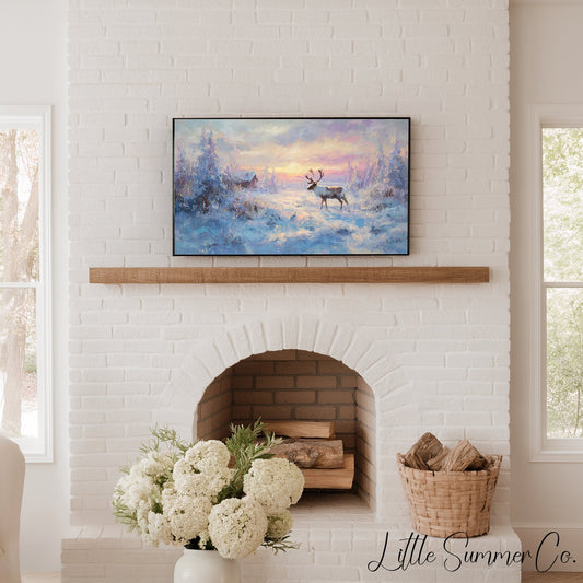 Reindeer Snowy Sunset Frame TV Art displayed on a TV