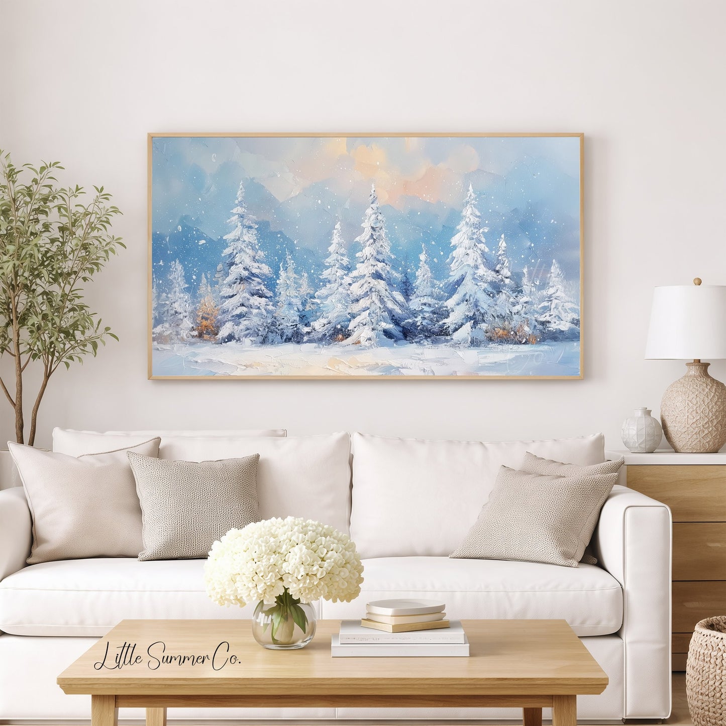 Snow Covered Pine Trees Frame TV Art displayed on a TV