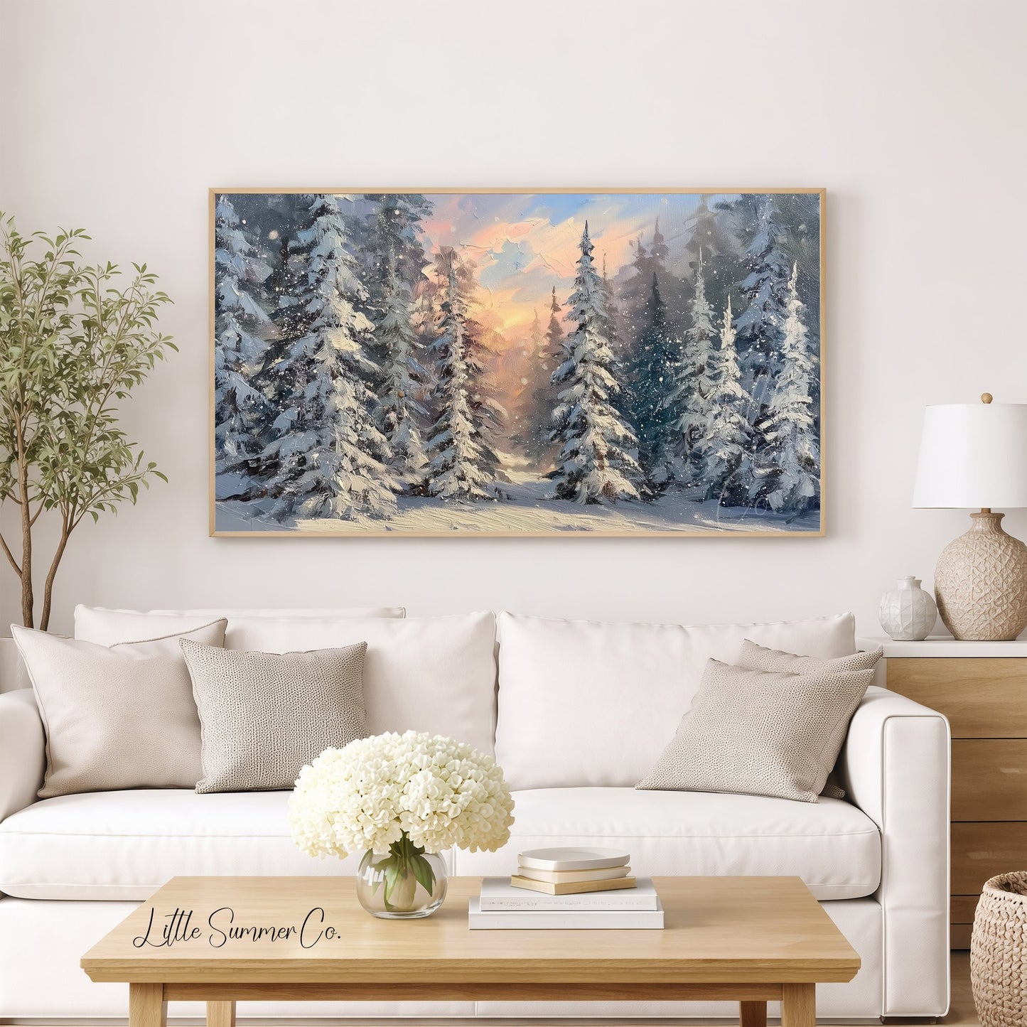 Snowy Pine Forest Sunset Frame TV Art displayed on a TV