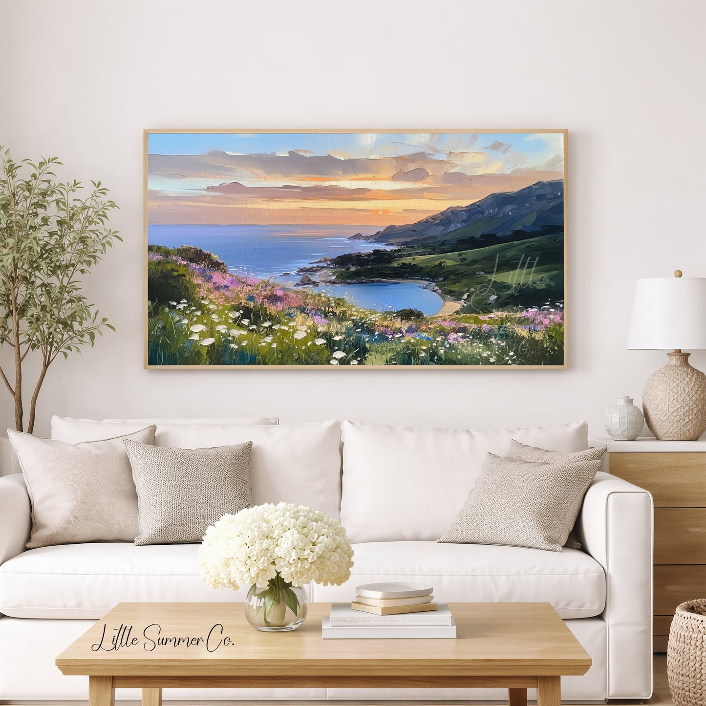 Wildflower Coastal Bay Sunset Frame TV Art displayed on a TV