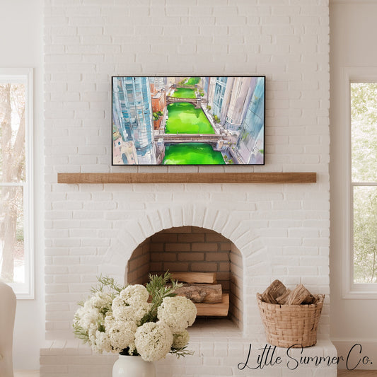 Aerial Chicago Green River Frame TV Art displayed on a TV