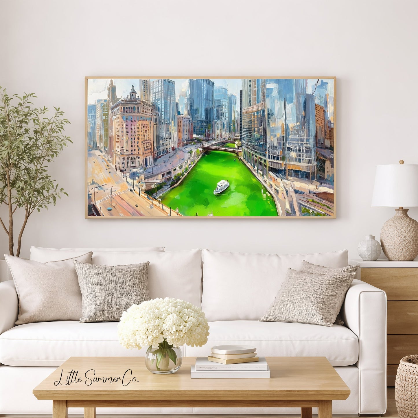 Chicago Green River Skyline Frame TV Art displayed on a TV