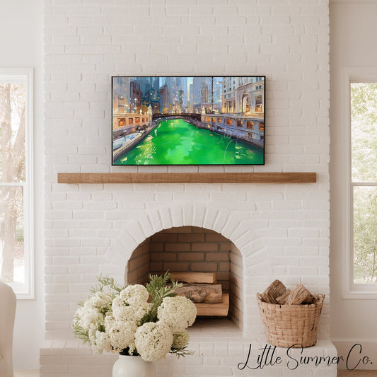 Chicago Green River at Dusk Frame TV Art displayed on a TV
