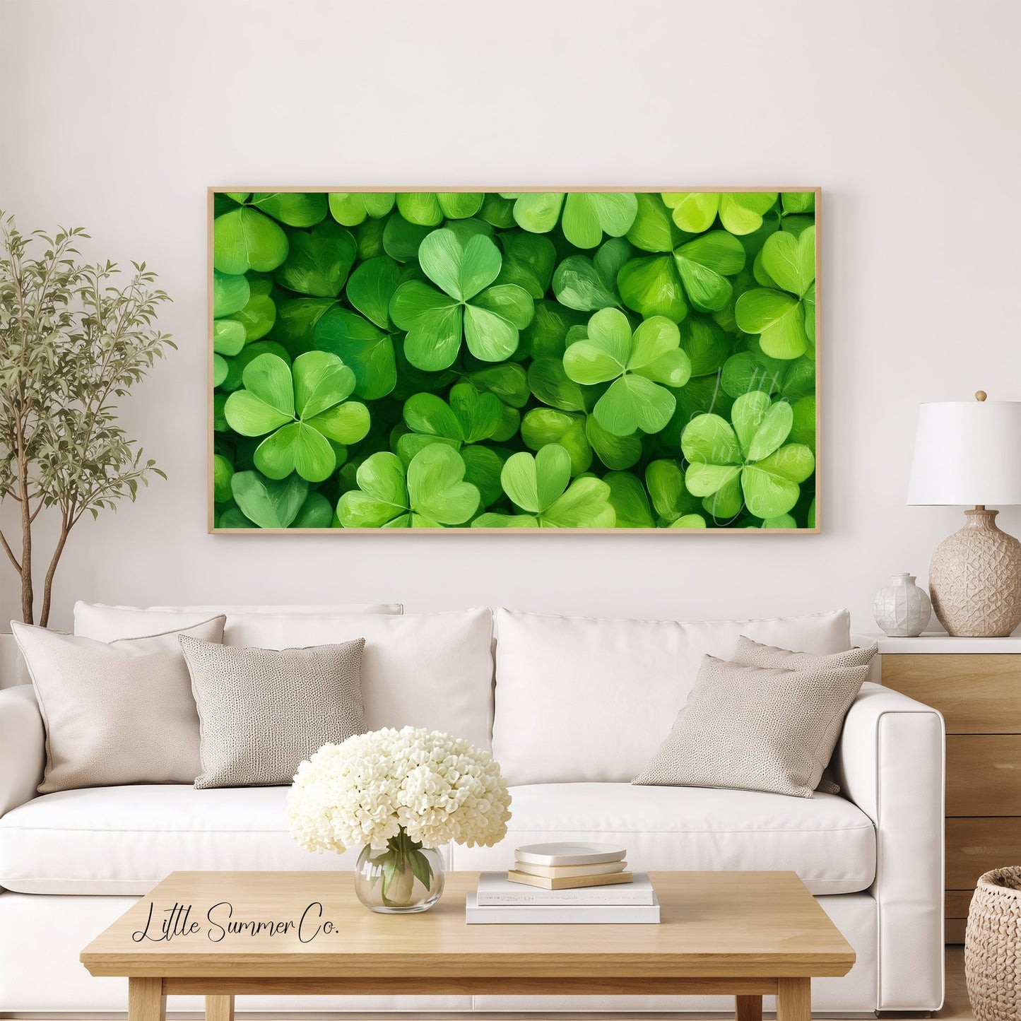 Green Shamrock Leaves Frame TV Art displayed on a TV