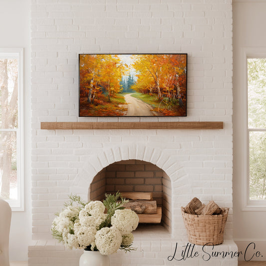 Autumn Birch Forest Road Frame TV Art displayed on a TV