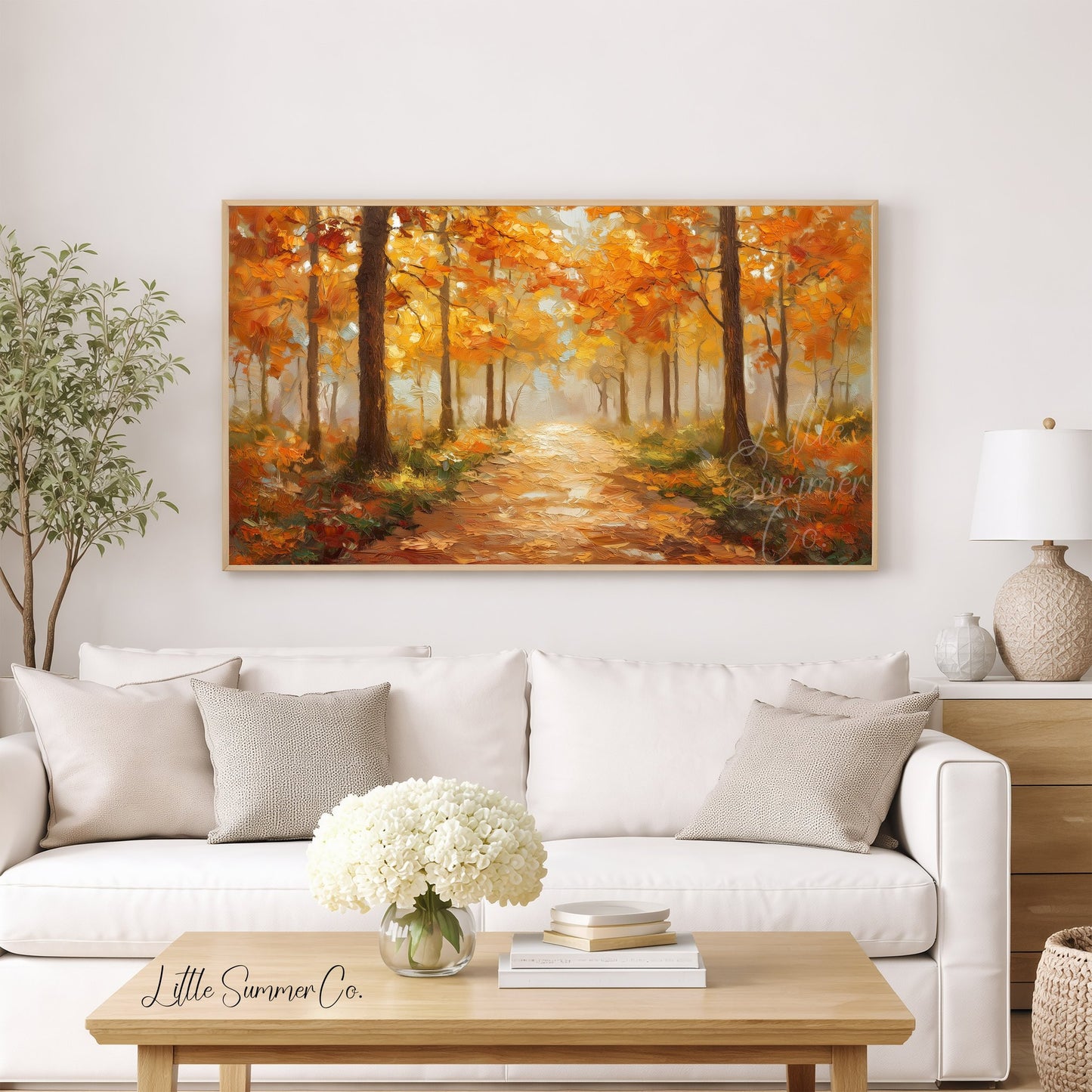 Golden Woodland Path Frame TV Art displayed on a TV
